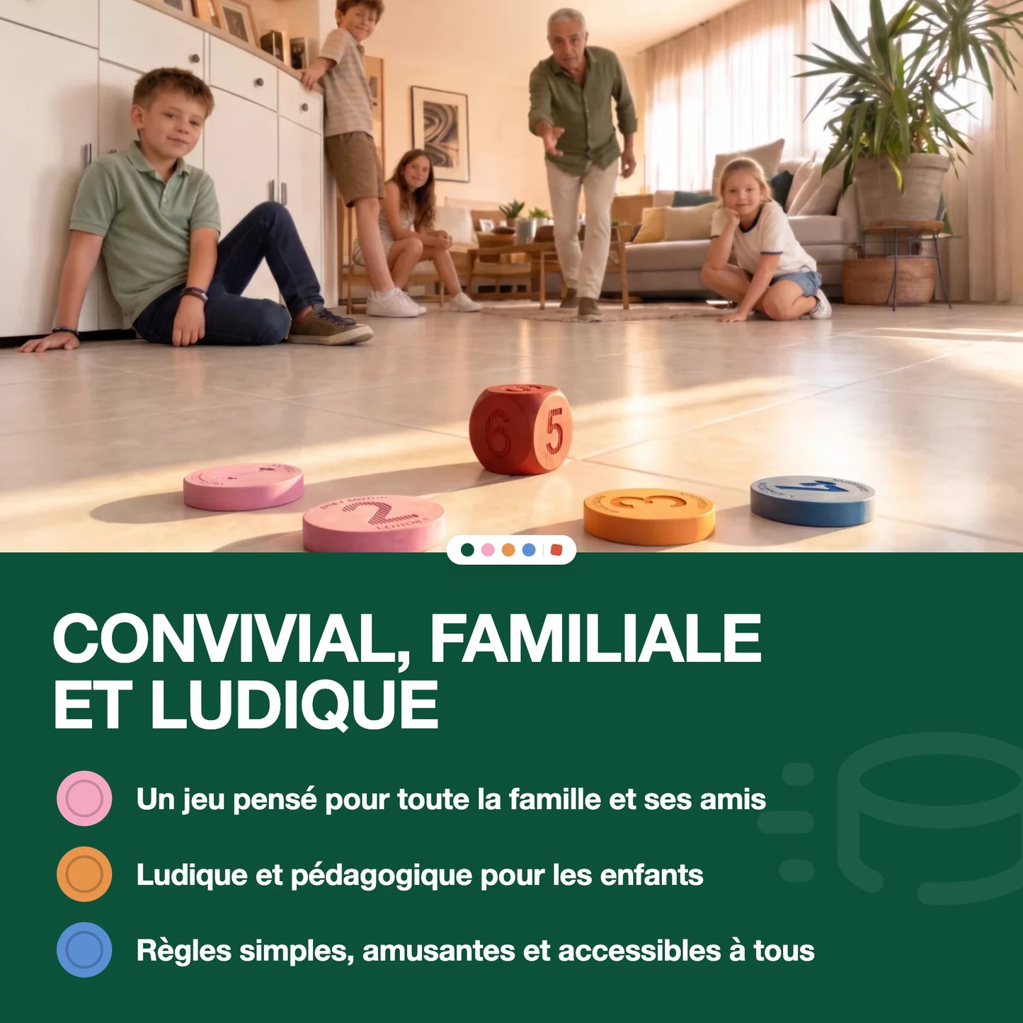 Palet Match - packshot boîte verte, sac de transport rose et vert et 16 palets colorés en caoutchouc naturel avec le dé
