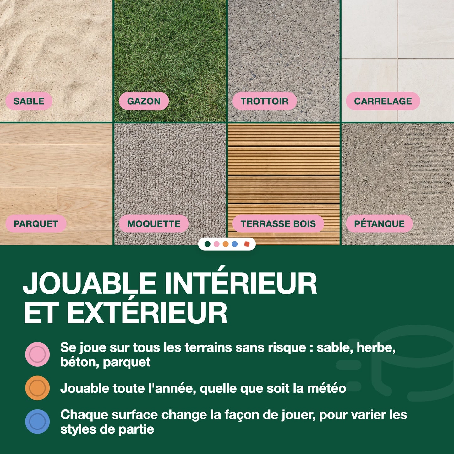 Caractéristiques du jeu Palet Match : 2 à 4 joueurs, dès 7 ans, 20 minutes la partie, jouable intérieur et extérieur