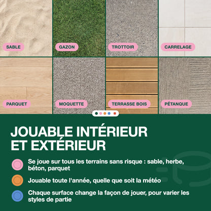 Caractéristiques du jeu Palet Match : 2 à 4 joueurs, dès 7 ans, 20 minutes la partie, jouable intérieur et extérieur