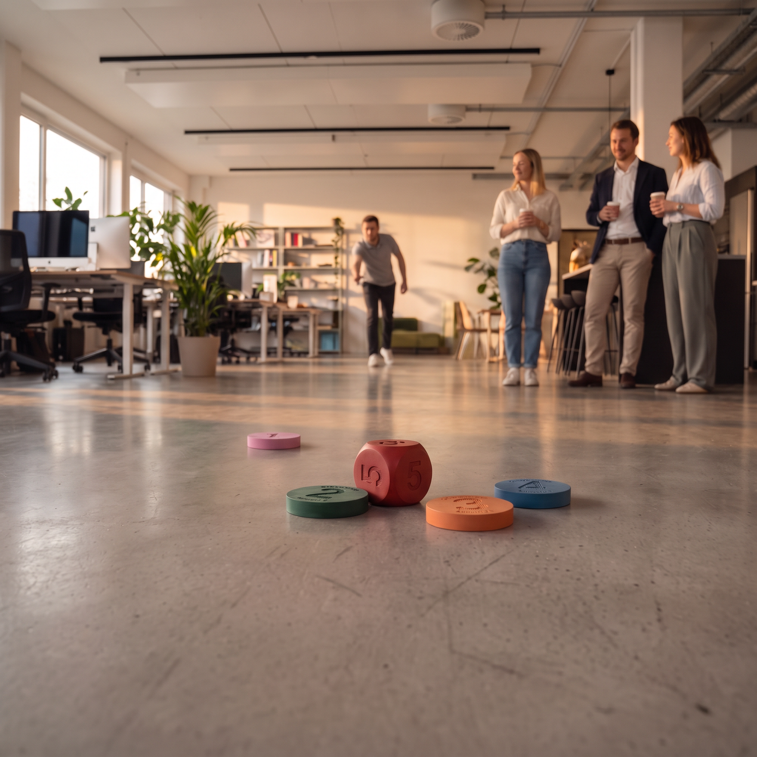 Collègues jouant à Palet Match dans un bureau open space au coucher du soleil